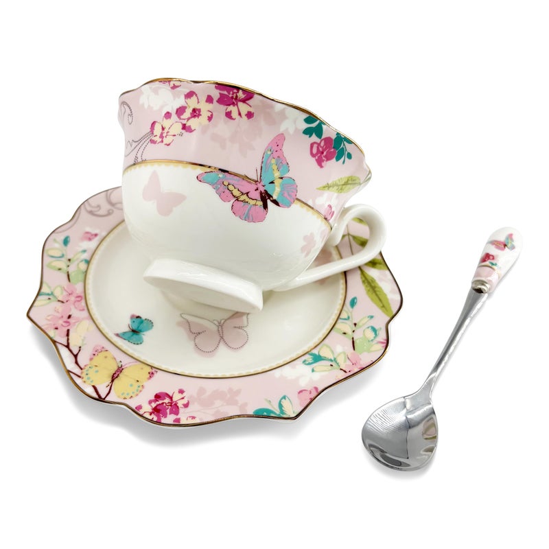 Krysclove Vintage Ceramic Teacup, Elegant Coffee Cup with Spoon and Saucer Set, Royal Bone China Tea Cups (Pink) - Image 3